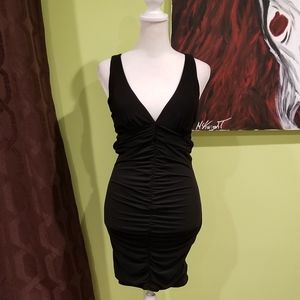 Black Ruched Form Fitting Dress With Sexy Back